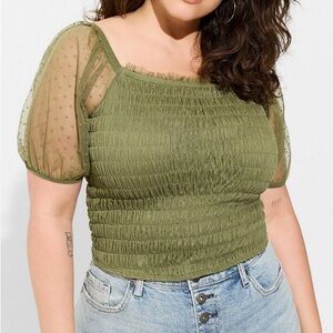 NWT Smocked Puff Sleeve stretchy top sheer polka dot fitted blouse